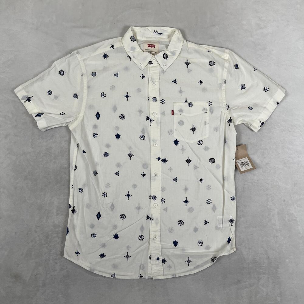 Levi's Shirt Mens Medium White Geometric Short Sleeve Button Front Casual Summer